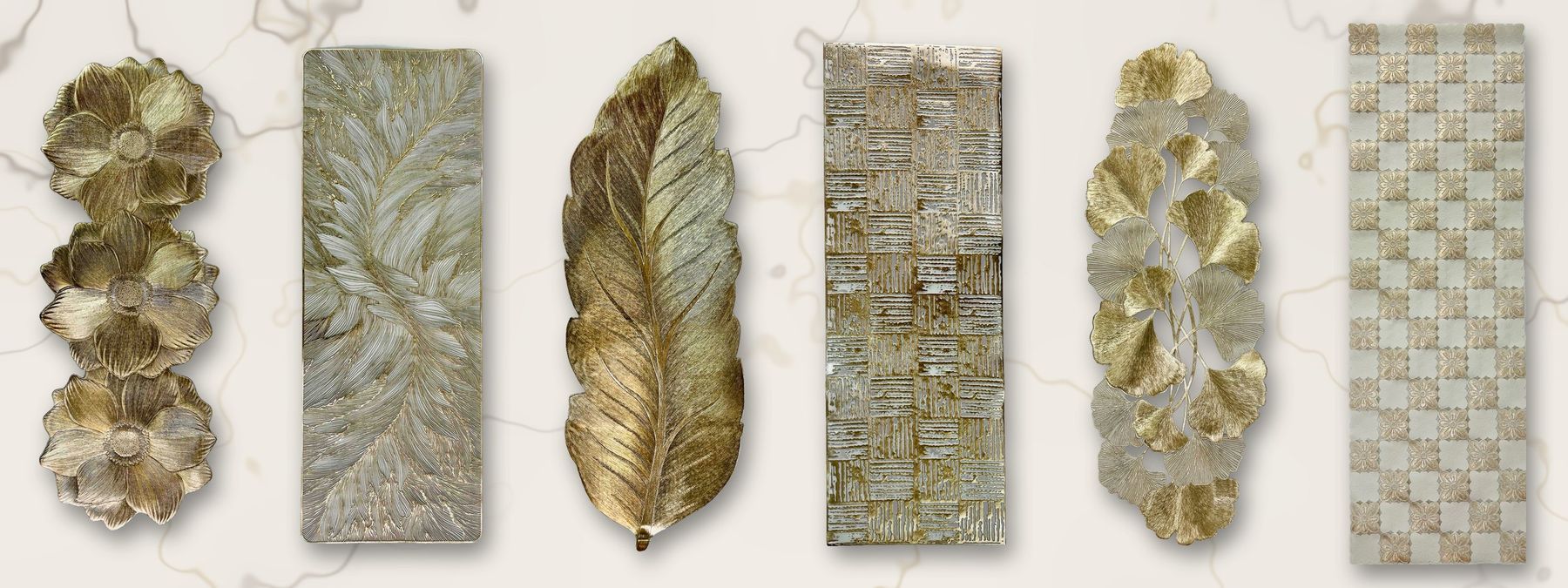 Six North India Company table runners side by side on white marble