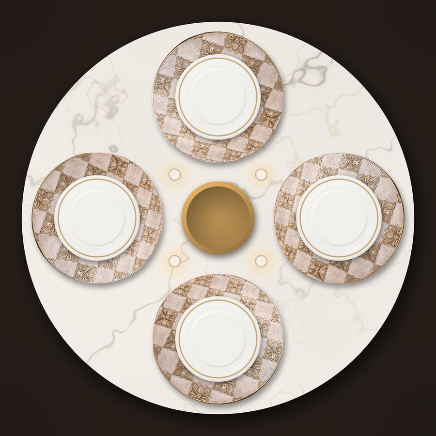 Overhead view of a round table set for four with Sheesh Mahal placemats