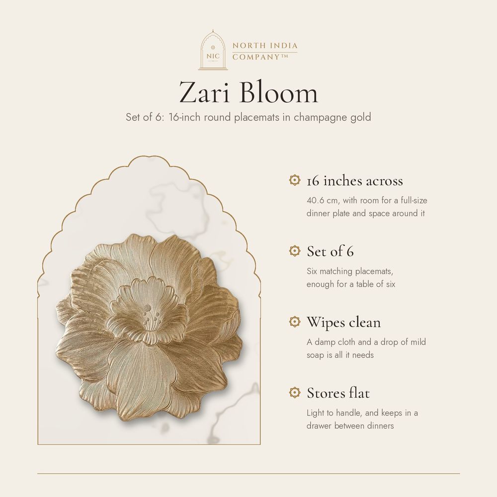Zari Bloom features: 16 inches across, wipes clean, won't fray, stores flat